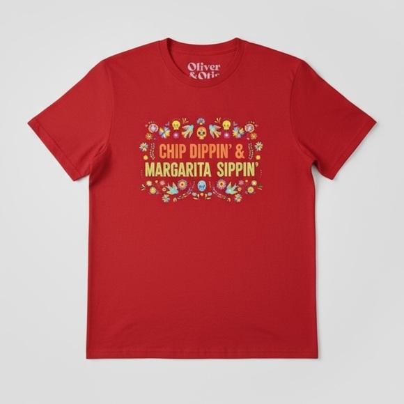 Oliver & Otis Chip Dip pin & Margarita Sip-pin Graphic Tee Red Short Sleeve - Picture 1 of 5